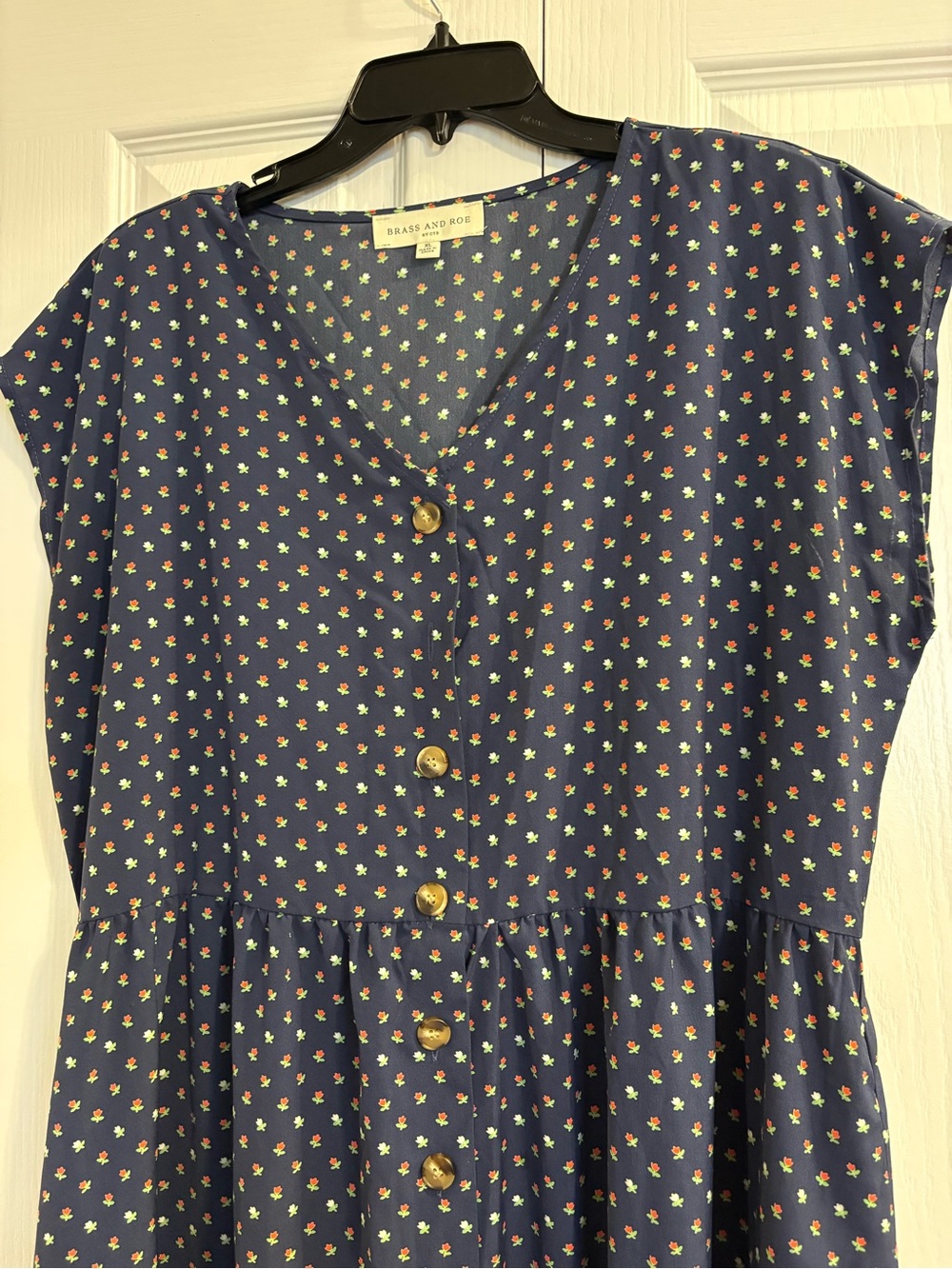 Brass & Roe XL Navy Ditsy Floral Button Front Midi Dress Cottagecore Prairie - Picture 4 of 7